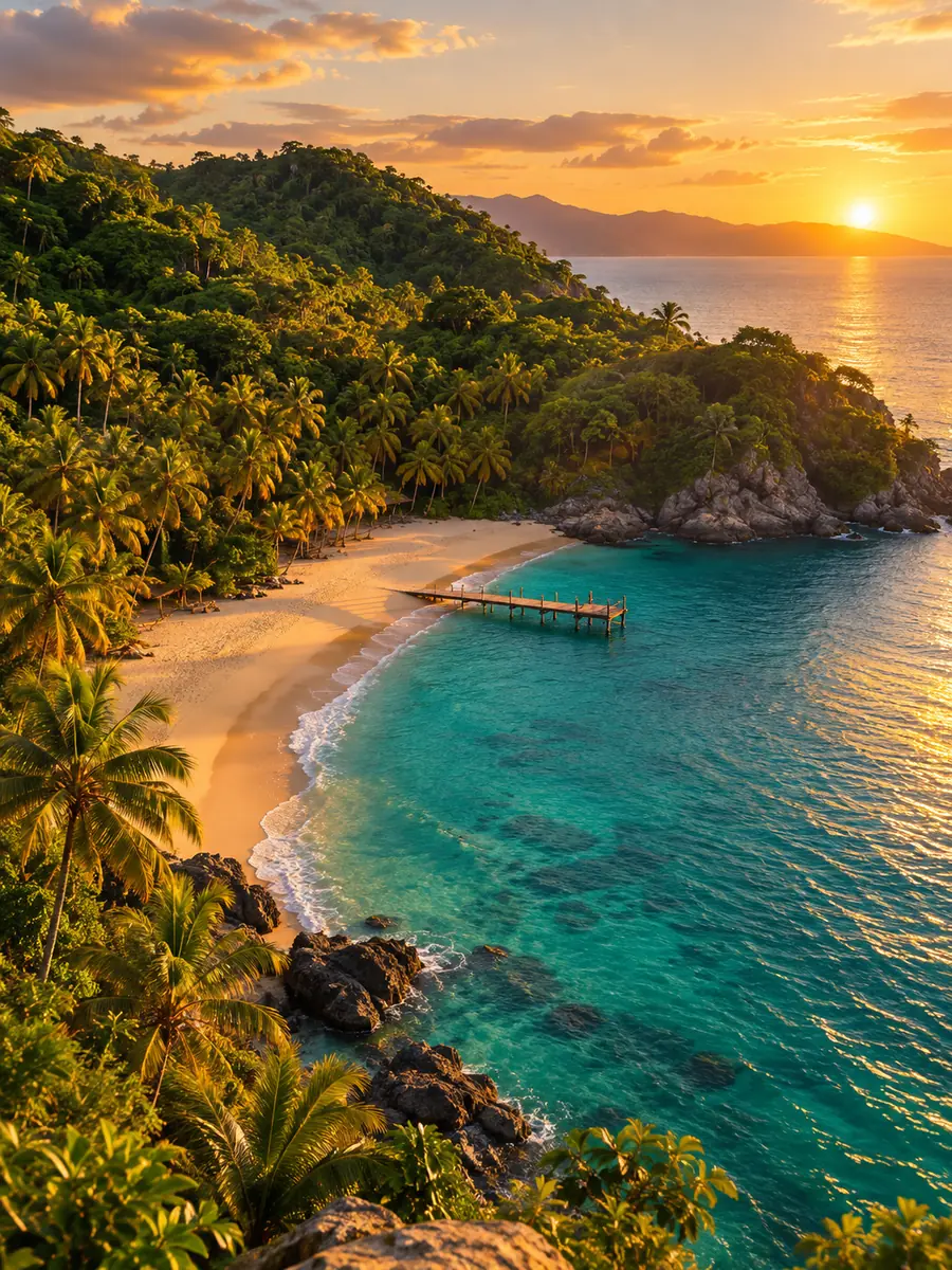 Eine abgelegene Dschungelbucht mit goldenem Strand und kleinem Steg bei Sonnenuntergang
