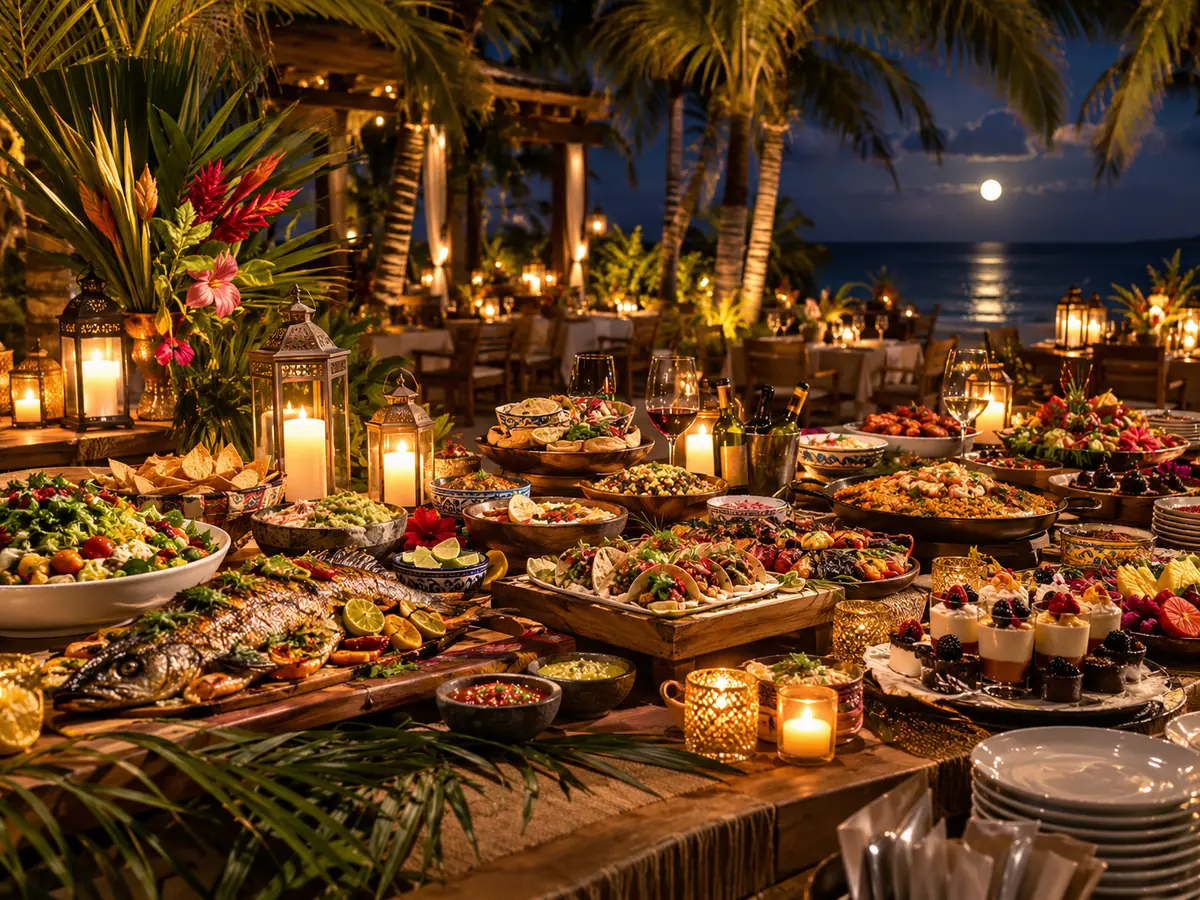 Ein Buffet bei Kerzenlicht mit gegrilltem Fisch, Salaten und Desserts nachts unter Palmen
