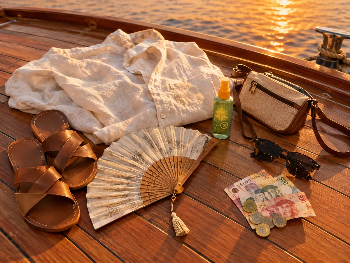 Flache Sandalen, ein Leinenhemd, ein Handfächer, Insektenschutz und Pesos auf einem Bootsdeck